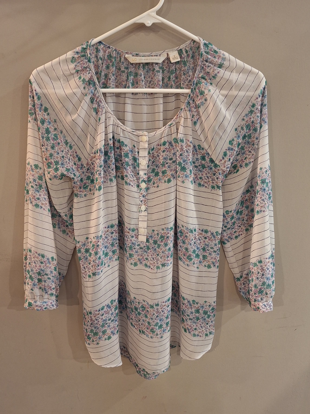 LC Lauren Conrad White Floral Stripe Peasant Blouse